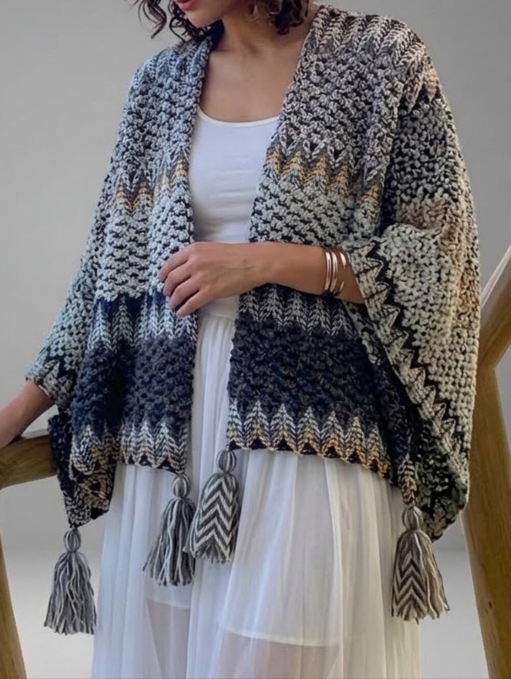 NWT Chunky Bouclé Knit Tassel Poncho Wrap Shawl | Boho Fall Layer - 48" | NEW!